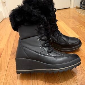 Aldo Black Faux Fur Lace-Up Wedge Winter Boots